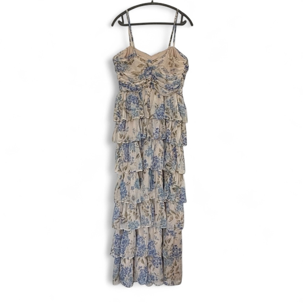 Lulus Arata Beige Blue Floral Cutout Tiered Maxi Dress size XL Sheer Big Florals - Picture 6 of 13